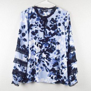 Karl Lagerfeld Womens M Blue Floral Black Lace Long Sleeve Blouse Top Front Tie